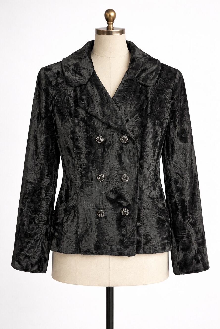 Vintage Black Faux Fur Jacket Rhinestone Buttons Borella Fur
